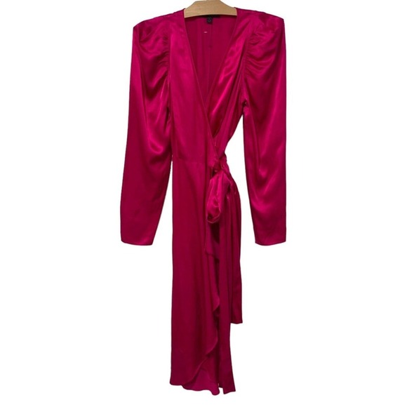 Chelsea Walker Size 2 North Wrap Dress Hot Pink V Neck Puff Sleeves Tie Waist - Picture 2 of 9